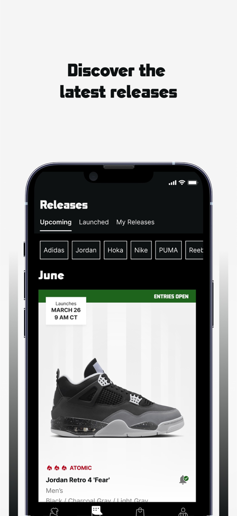 Screenshot der Foot Locker App mit Release-Kalender, der kommende Jordan Retro 4 Fear Sneaker anzeigt