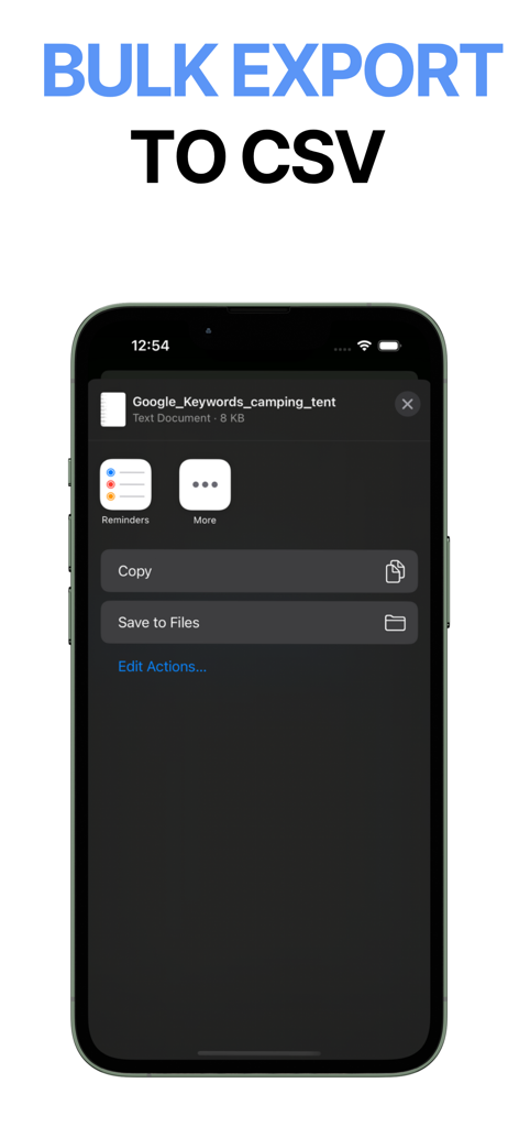SEOキーワード調査ツールモバイルアプリのCSV一括書き出し機能のスクリーンショット