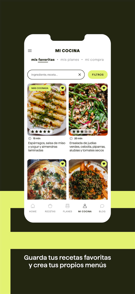 Biotiful App: tu cocina fácil - Seccion de mis favoritas en la aplicacion Biotiful App mostrando recetas saludables y menus personalizados