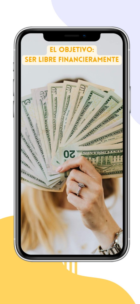 Family Finance 50/30/20 - A person holding a fan of dollar bills with Spanish text about achieving financial freedom