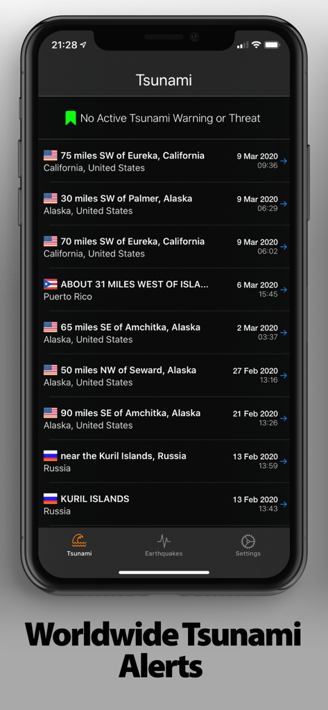 EarthQuake+ - Liste der weltweiten Tsunami-Warnungen in der EarthQuake plus App für das iPhone