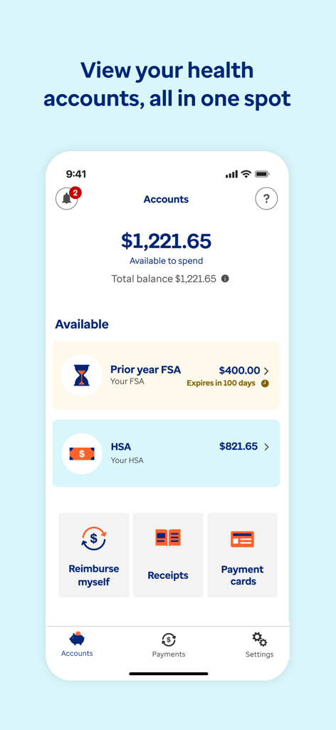 Optum Bank app dashboard showing HSA and FSA account balances and health expense management tools