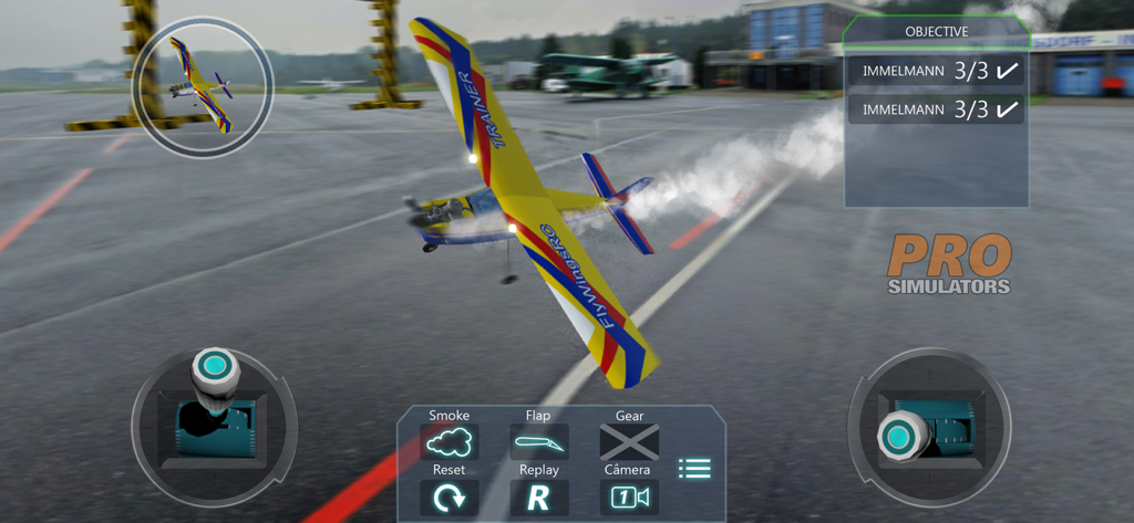 A yellow trainer airplane performing an Immelmann turn in the RC Flight Simulator Pro Radio app.