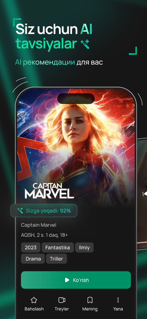Frame Media - Interfaccia dell'app Frame Media che mostra raccomandazioni di film personalizzate dall'IA e dettagli dei film con localizzazione uzbeka