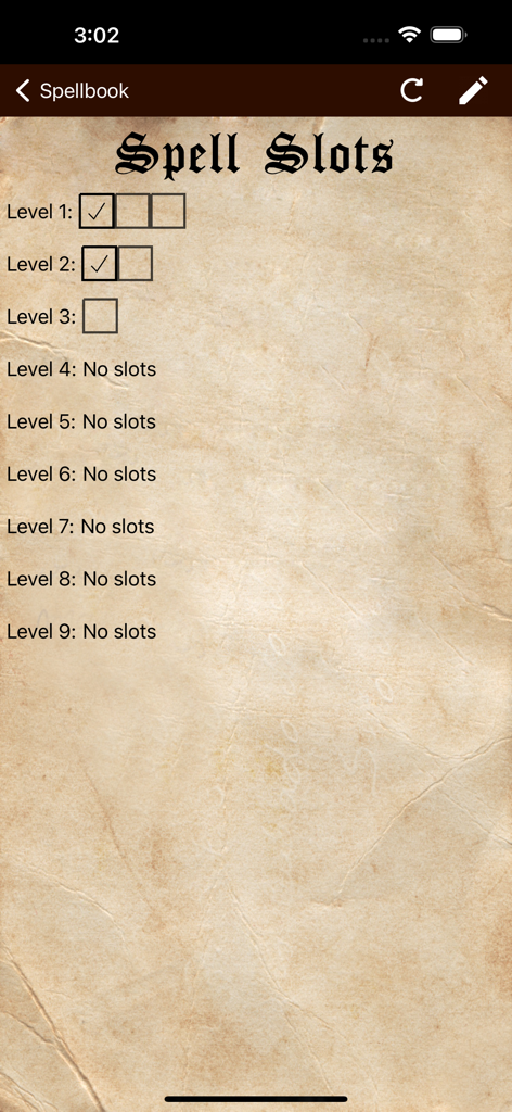 D&D Spellbook 5e - A screen showing spell slots tracking for different levels in the Dungeons and Dragons Spellbook app.