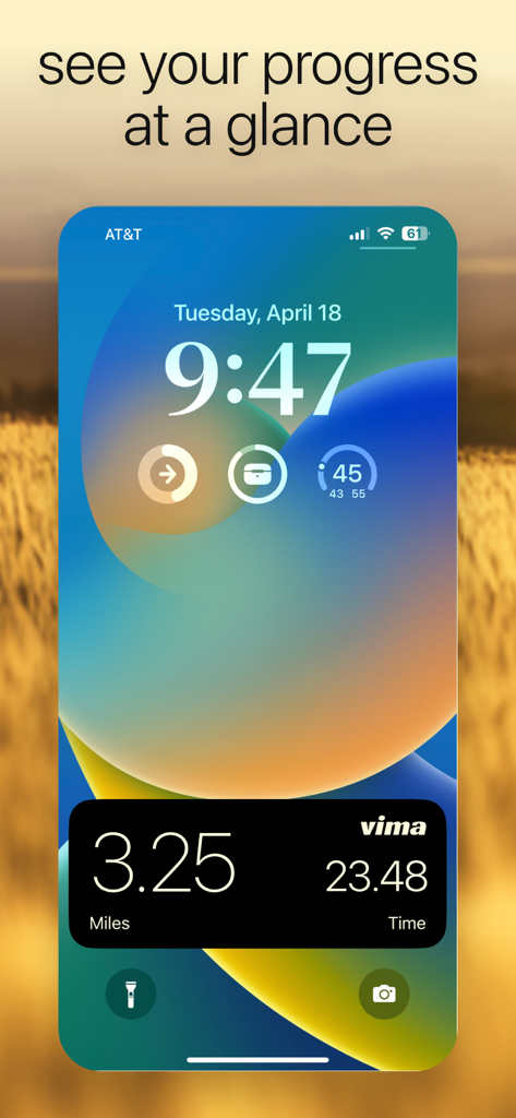 Running Mile Tracker - iPhone lock screen showing Vima running tracker progress with distance and time
