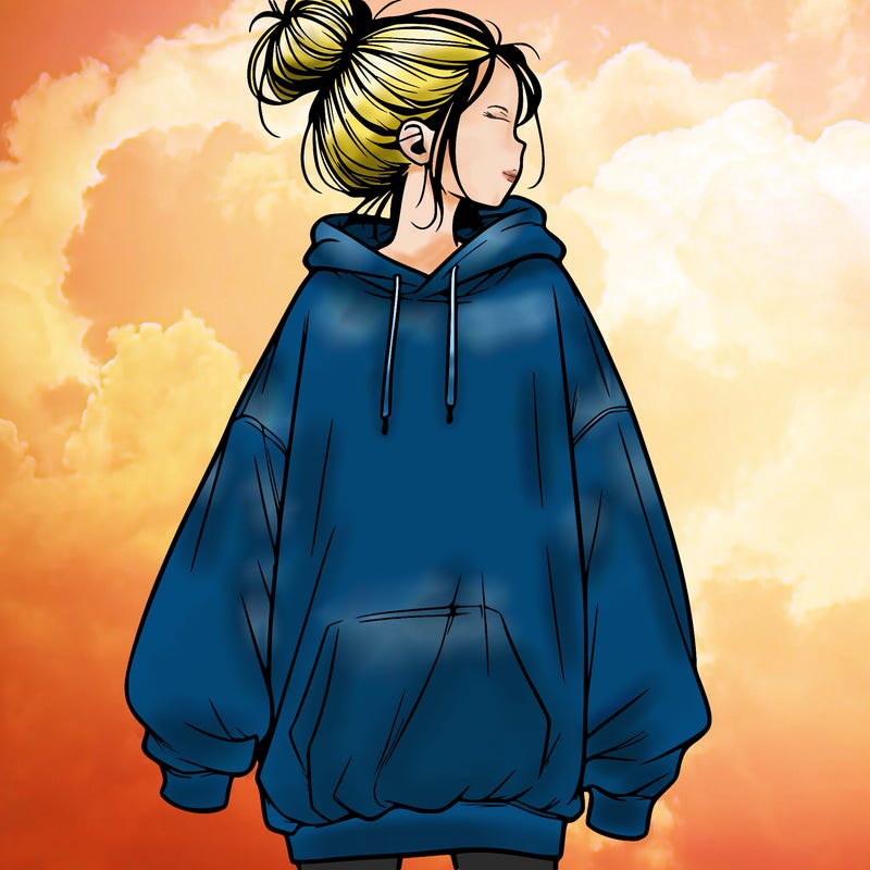 realistic girl with a oversized sweatshirt on and a bun