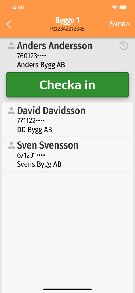 e-liggare Personalliggare bygg - Construction staff register app with a check in button and list of workers