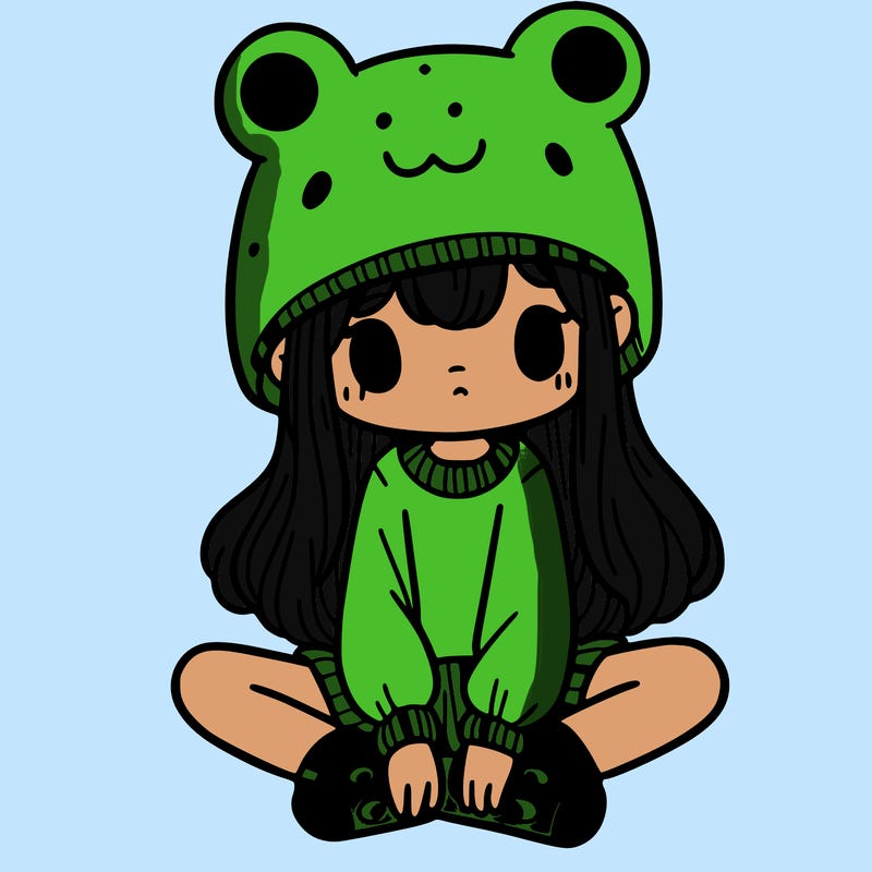 a girl wearing a frog hat and some frog socks