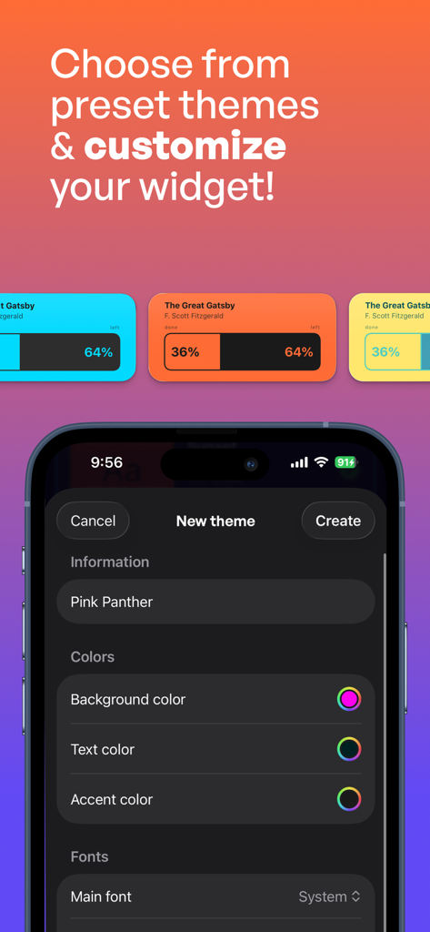 Bookshelf: book tracker - Pantalla de un teléfono móvil que muestra la interfaz de personalización de widgets de la aplicación Bookshelf con preajustes de temas coloridos y widgets de barra de progreso.