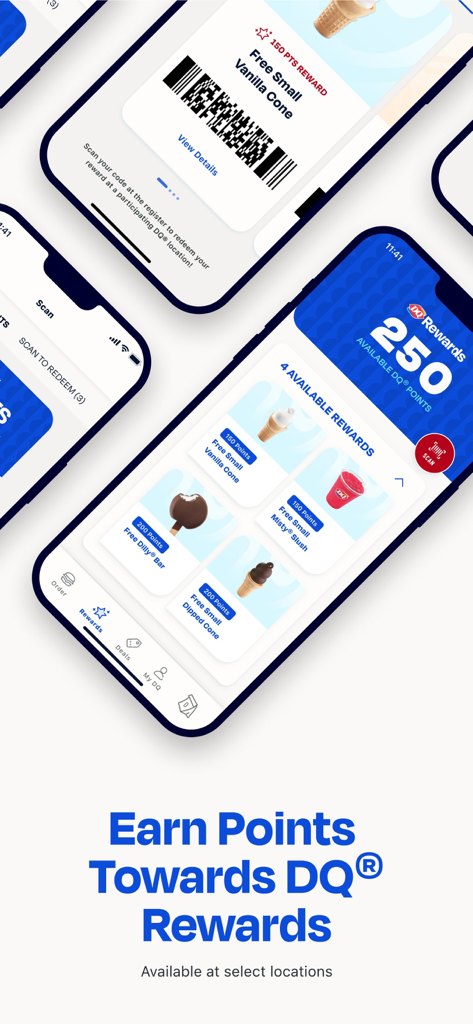 Dairy Queen app screen displaying earned points and available food rewards like free cones and slushes