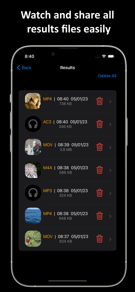 Video Files Converter: MP4,MP3 - A list of converted video and audio files including MP4 and MP3 formats on the Results screen.