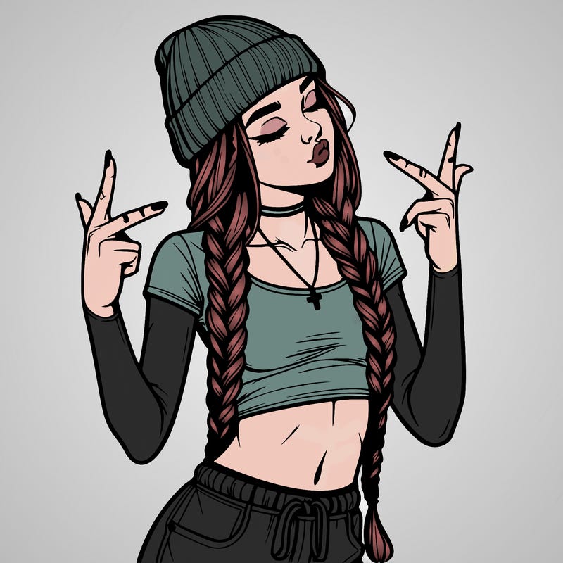 realistic teenage girl with braids and a beanie and crop top doing 🫶🏼