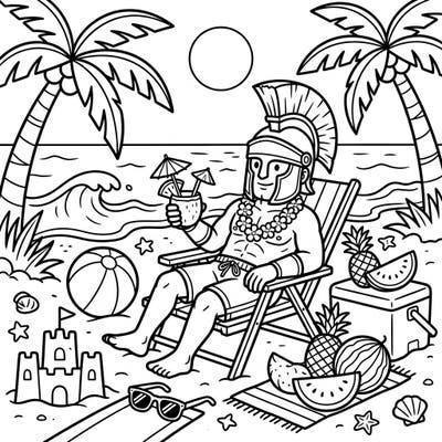 Escape to a sunny beach with this unique coloring page featuring a Praetorian Guard enjoying a well-deserved summer vacation. Grab your colors and bring to life this delightful scene of a Roman soldier relaxing amidst palm trees, tropical fruits, and sparkling ocean waves.