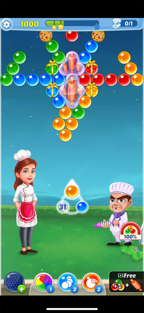 Gameplay of Bubble Shooter Pastry Pop featuring characters Kate and Chef Vincent in a pastry themed puzzle