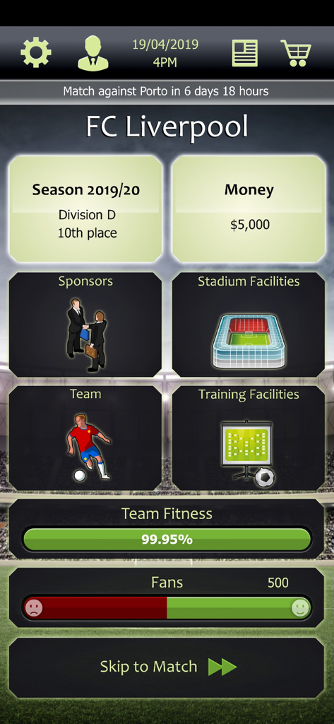 Football Tycoon - Main dashboard of Football Tycoon showing team fitness, finances, and facility management for FC Liverpool.