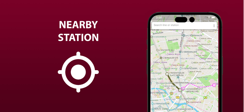 Public transport map Berlin - Berlin transit app showing nearby metro and train stations on a city map with a location marker.