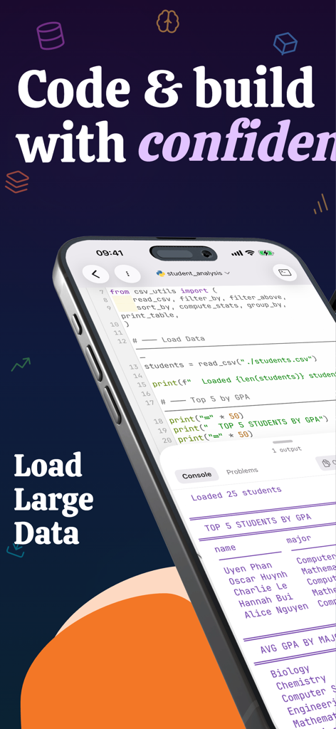 Python - IDE Coding PyNote - A smartphone screen displaying Python code and student data analysis results in the PyNote app