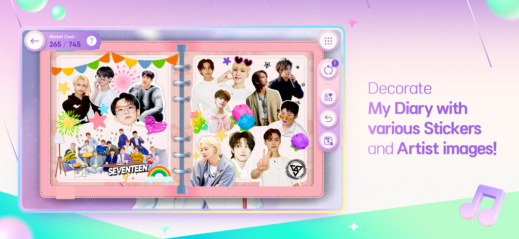 세븐틴 아티스트 이미지와 다채로운 스티커로 장식된 디지털 다이어리가 표시되는 리듬 하이브 앱 화면