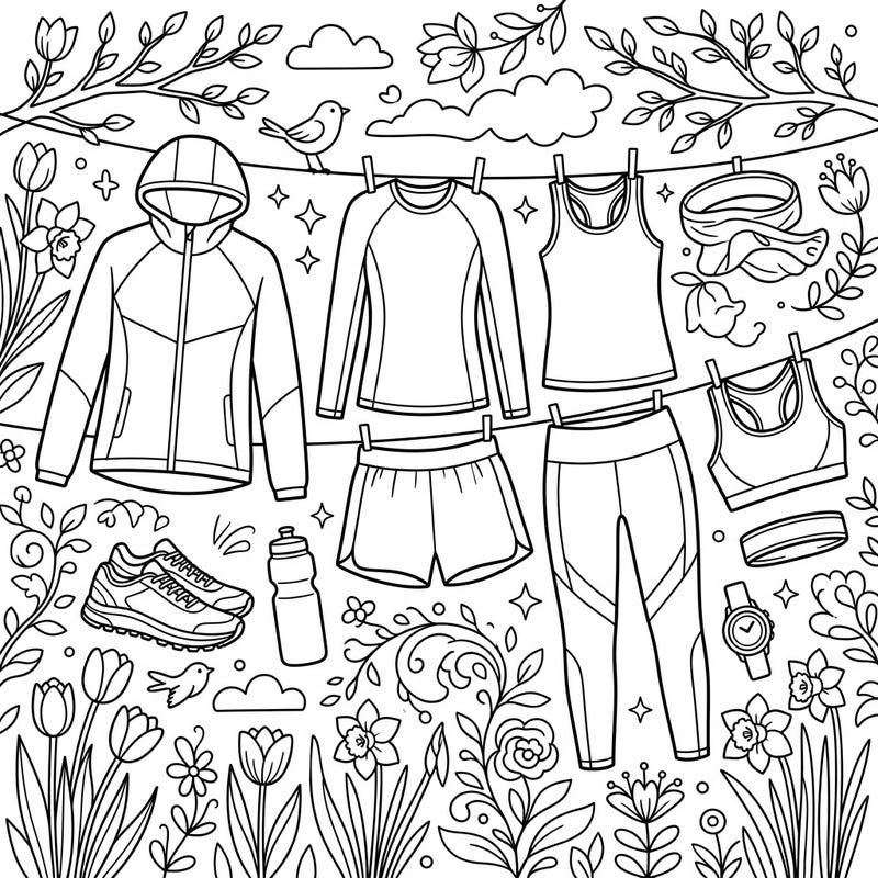 Get ready to color your way to a vibrant spring run with this delightful activewear coloring page. It features essential running gear set amidst a beautiful blooming garden, perfect for inspiring your next workout.