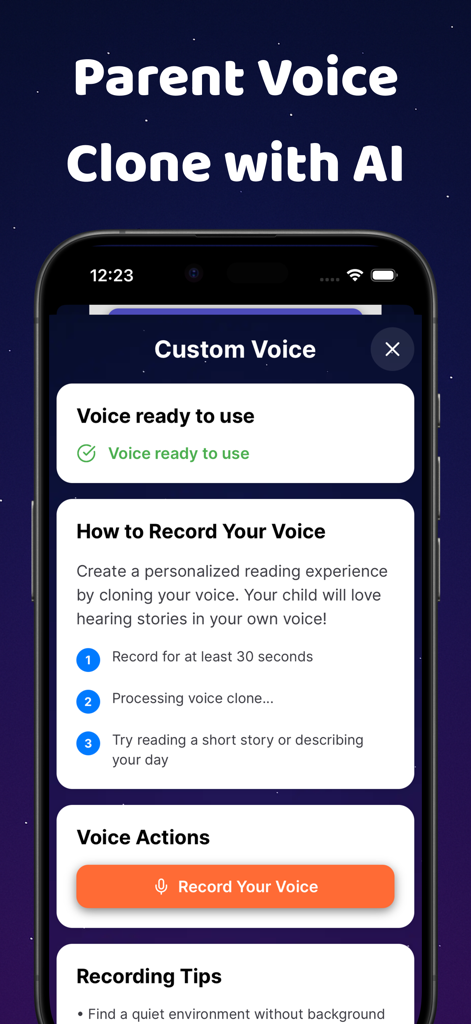 Story Hero: AI Reading App - A mobile interface showing the AI parent voice cloning feature for personalized story reading.
