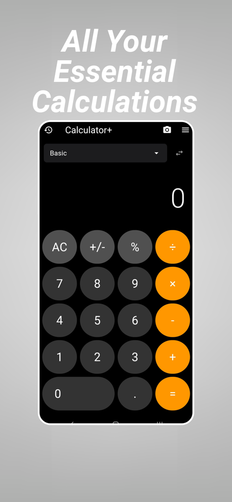Interfaz básica de calculadora de la aplicación Calculator Plus Pro para matemáticas esenciales cotidianas