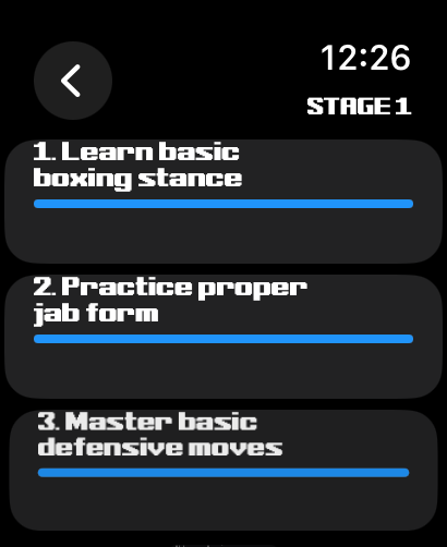 Boxing training stage one progress screen in Punch Logger app