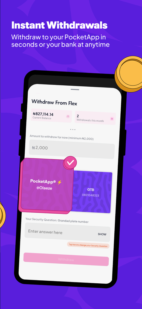 PiggyVest mobile app interface for instant withdrawals from a Flex account to PocketApp or a bank