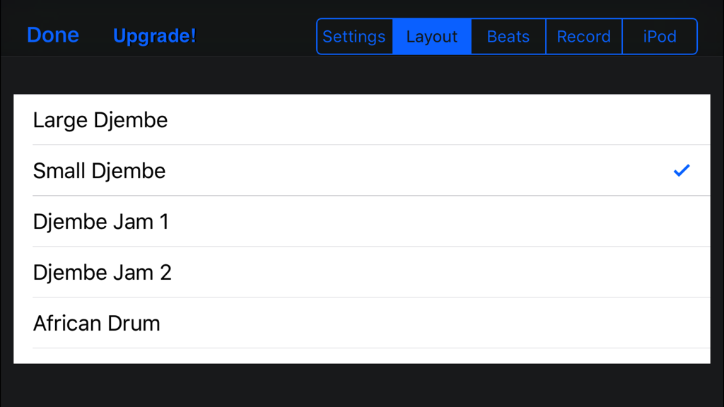 Djembe! - Layout menu in the Djembe app showing options for Large Djembe Small Djembe and African Drum selection.