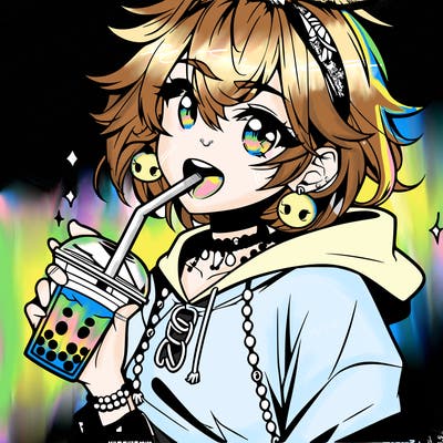 hot baddie anime girl drinking boba and biting the straw