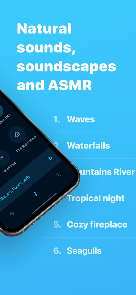 Sleep Timer – Smart alarm - Pantalla de la aplicación Sleep Timer mostrando una lista de sonidos naturales relajantes, paisajes sonoros y opciones ASMR para dormir