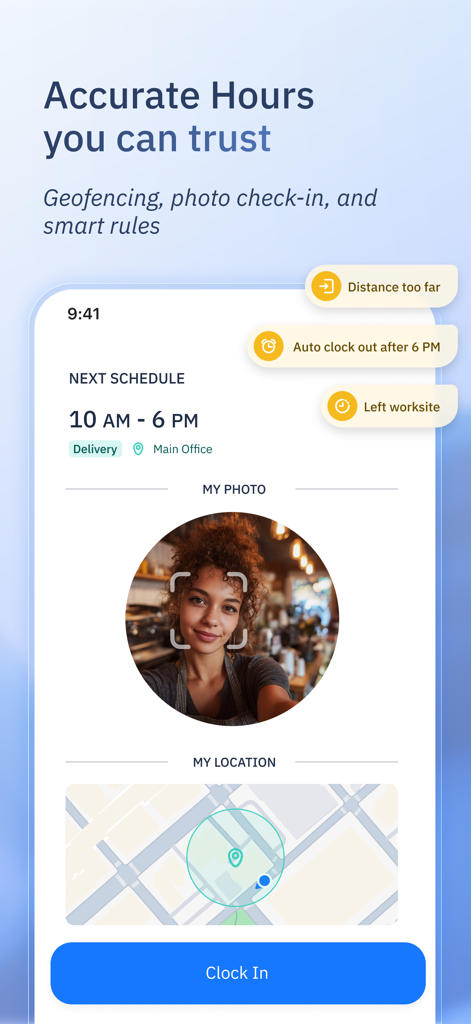 ShiftFlow app interface displaying selfie check-in and GPS geofencing features for employee time tracking.