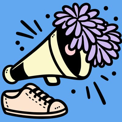 cheerleading megaphone with two pom poms on top/next to it