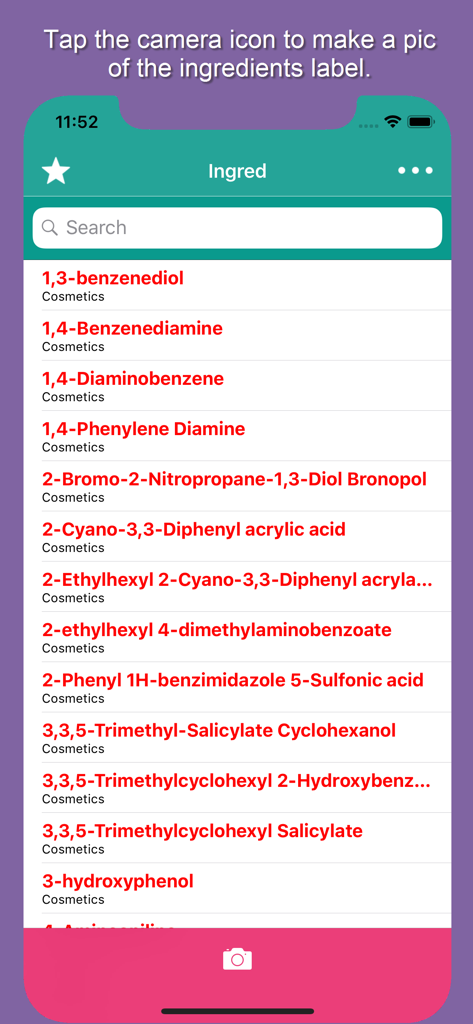 Ingred - Ingred app interface showing a searchable list of cosmetic ingredients and a camera button for scanning product labels.