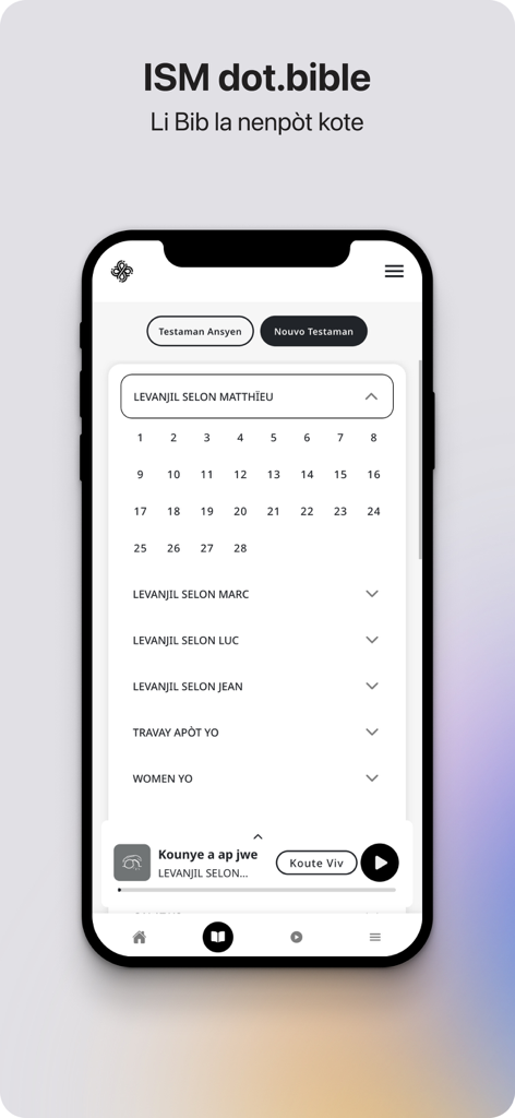 dot.Bible Kreyòl Ayisyen - Bible chapter selection screen in the dot.Bible Kreyol Ayisyen mobile app.