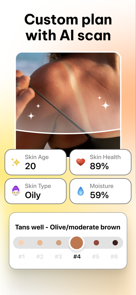 SunRay Tanning Routine App - SunRay app AI skin scan interface displaying skin metrics including age health and tanning progress