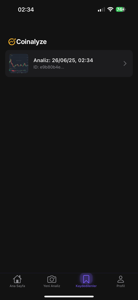 The saved analysis history screen in the Coinalyze AI crypto app showing a list of analyzed charts.