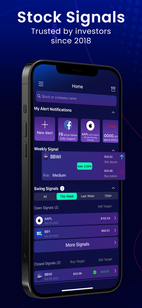 Stocks Alerter - Smartphone screen displaying the Stocks Alerter app's stock signals and alert notifications dashboard.