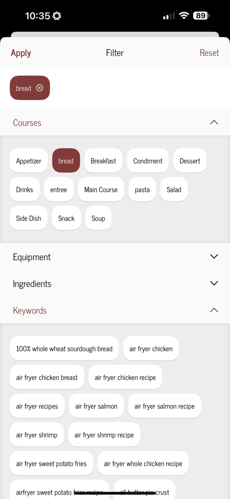 Little Spoon Farm app interface showing recipe filter options for courses and search keywords