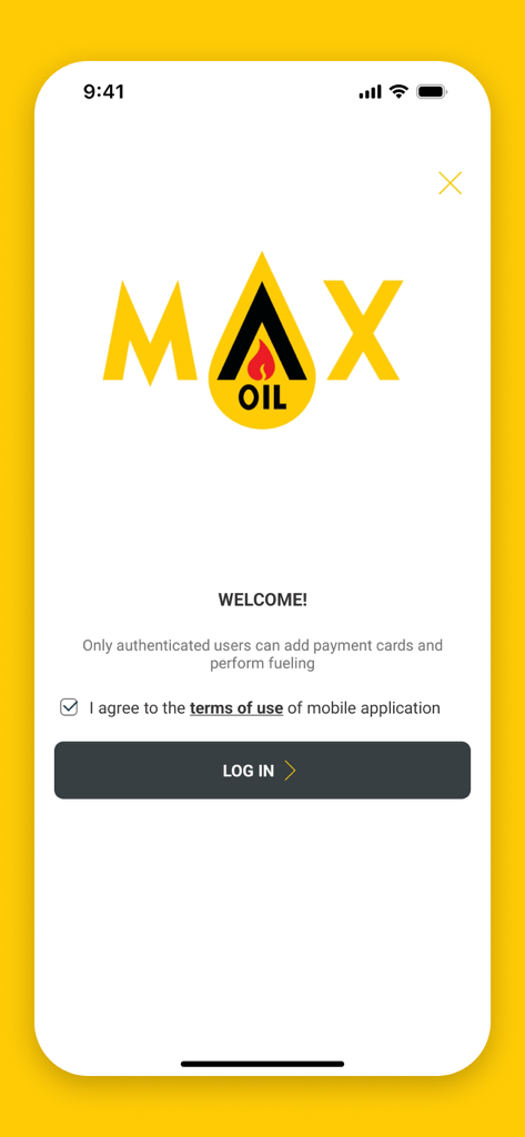 Willkommensbildschirm der MaxOil App mit dem Firmenlogo und einer Anmeldeschaltfläche