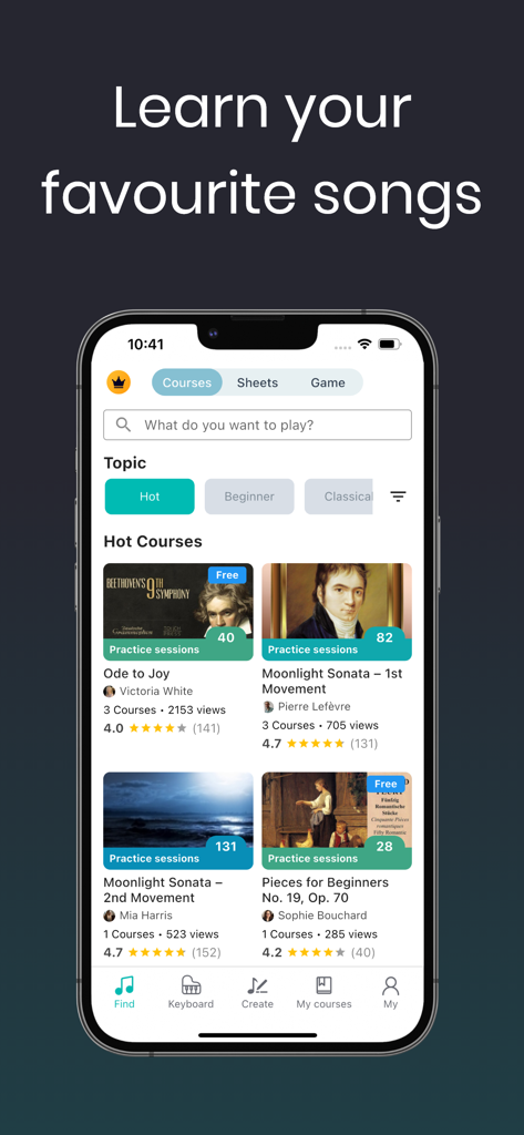 EZ Piano app interface showing various piano lessons and courses for learning popular songs.