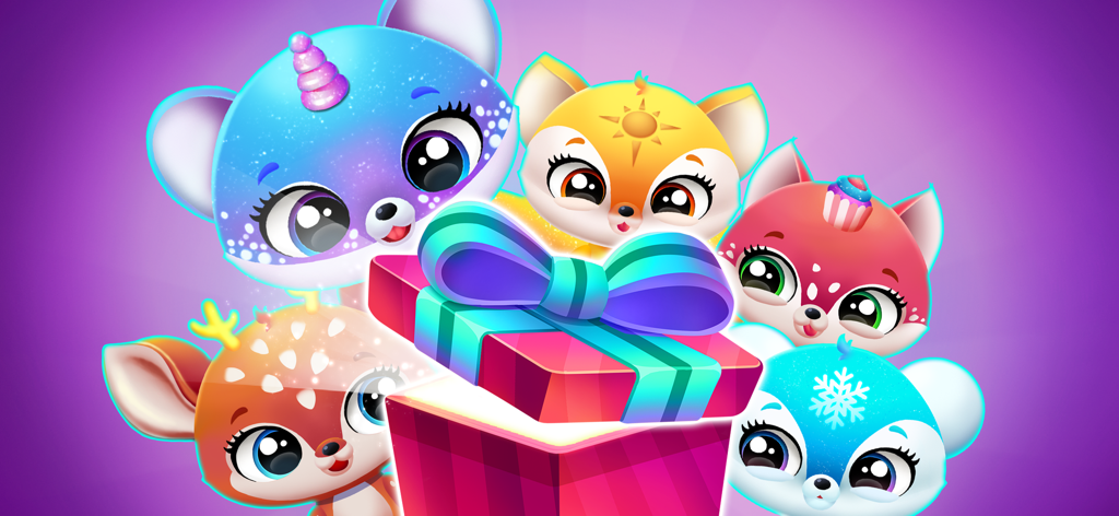Colorful virtual pets gathered around an open pink gift box