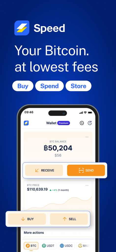 Speed Wallet: Buy Bitcoin - Speed Wallet mobile app dashboard showing Bitcoin balance transaction buttons and price chart