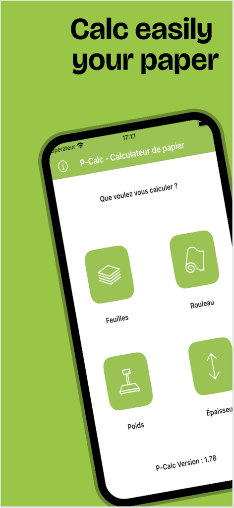 P-Calc - Main menu of the P-Calc app showing paper calculation options for sheets rolls weight and thickness