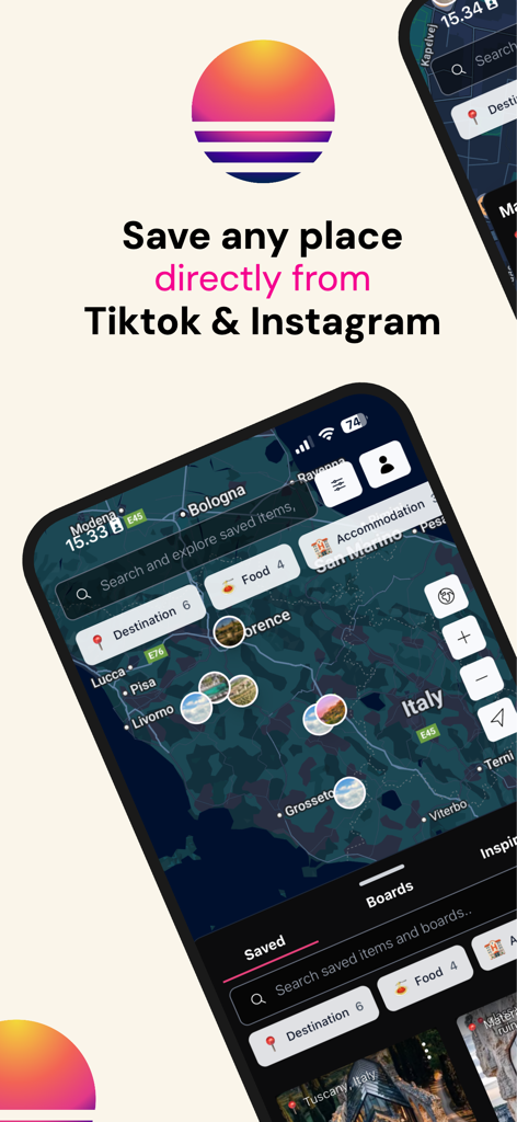 Interface of Yaay app showing a travel map with locations saved from TikTok and Instagram