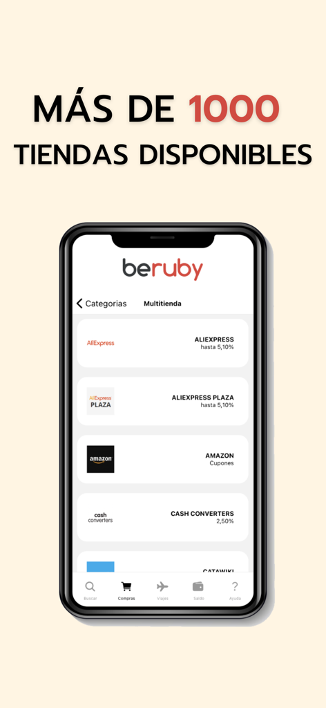 Interfaz de la aplicación beruby que muestra una lista de más de 1000 tiendas disponibles para obtener reembolsos, incluidas AliExpress y Amazon.