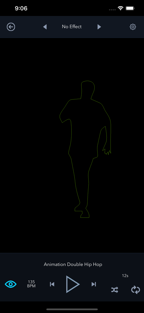 LaserOS mobile app interface displaying a green laser silhouette for a hip hop animation