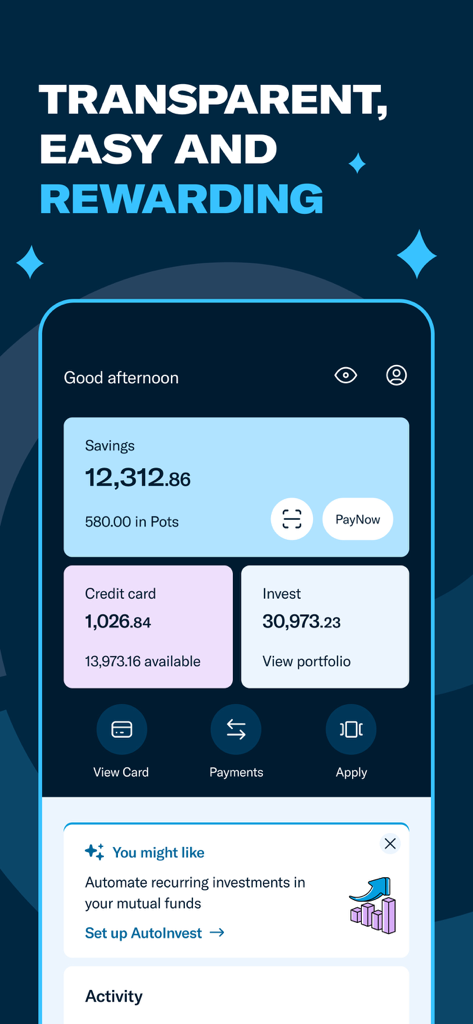 Tableau de bord de l'application mobile Trust Bank SG affichant les soldes des comptes de carte de crédit et d'épargne