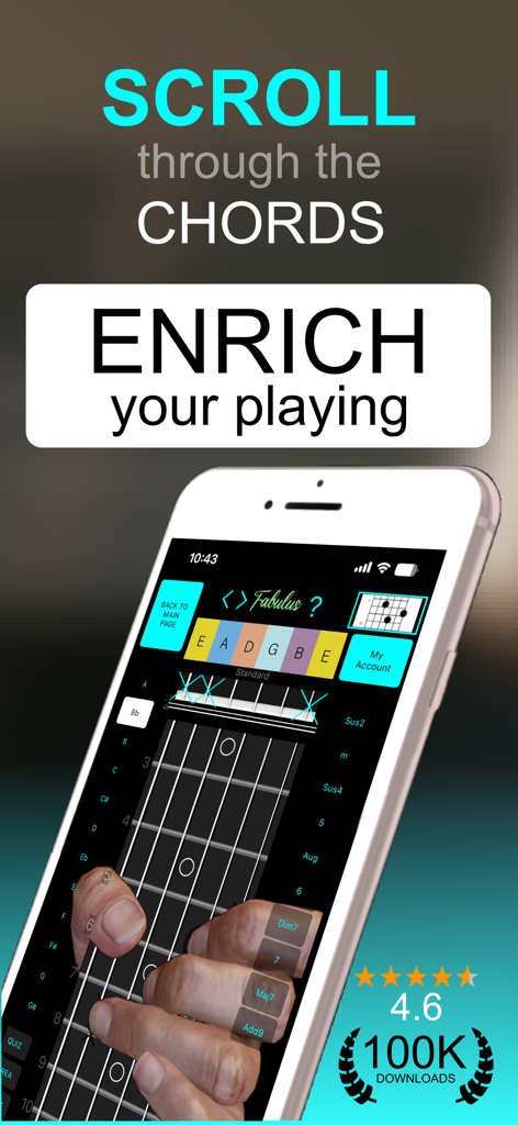 Guitar Chord Finder Fretboard - Interface do aplicativo Fabulus mostrando uma escala de guitarra interativa com posicionamento dos dedos e opções de acordes para enriquecer a performance.