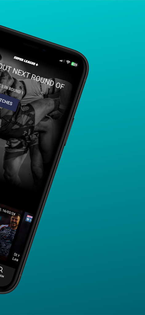 Smartphone screen displaying the SuperLeague plus rugby league streaming app